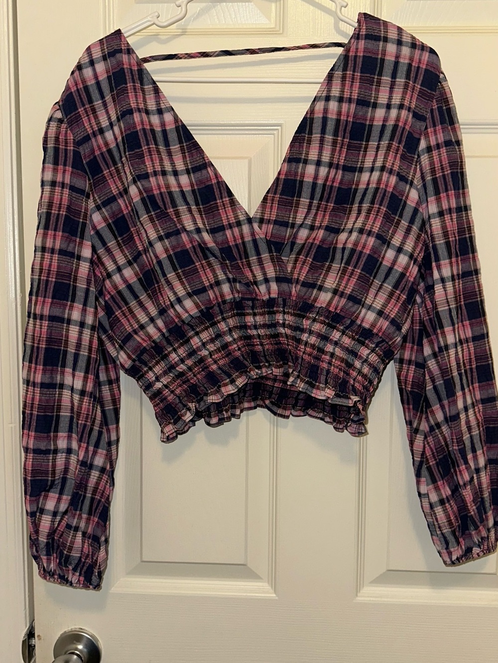 Zara Pink & Navy Plaid V-Neck Smocked-Waist Blouse